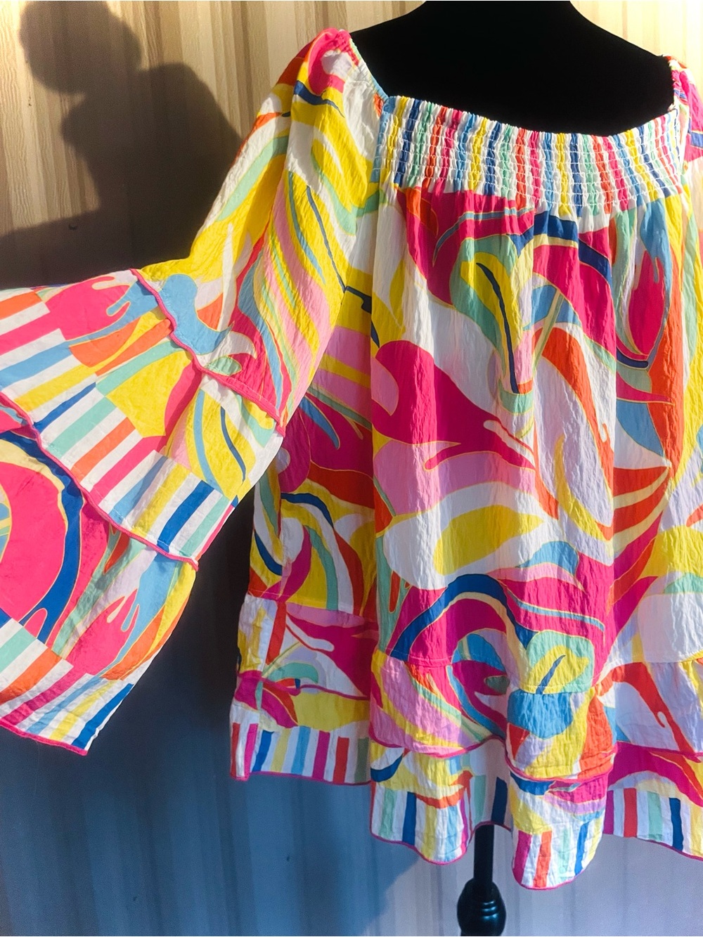 John Mark Print Tunic Off Shoulder Bright Multi Color Smocked Abstract Waves 2X